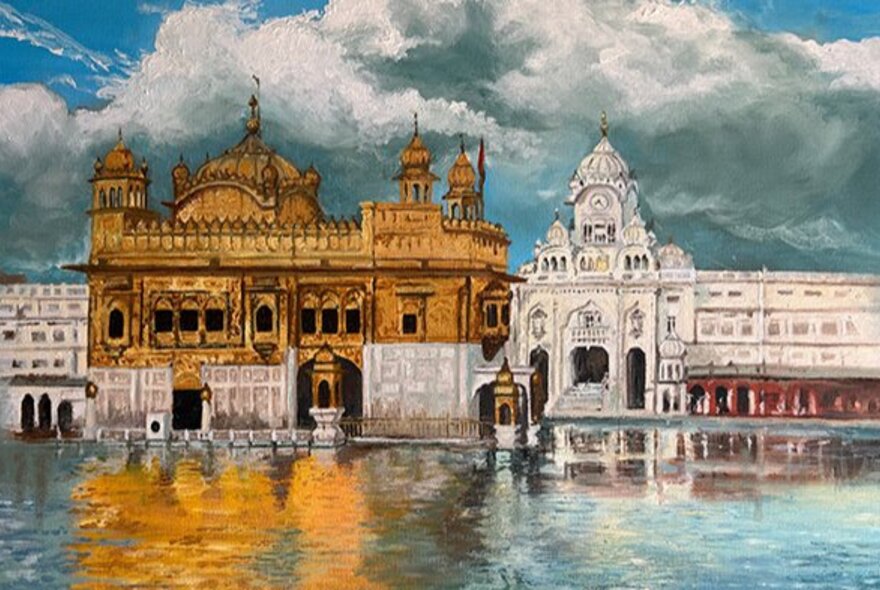 An Indian cityscape artwork showing ornate buildings reflected in the surface of a river.