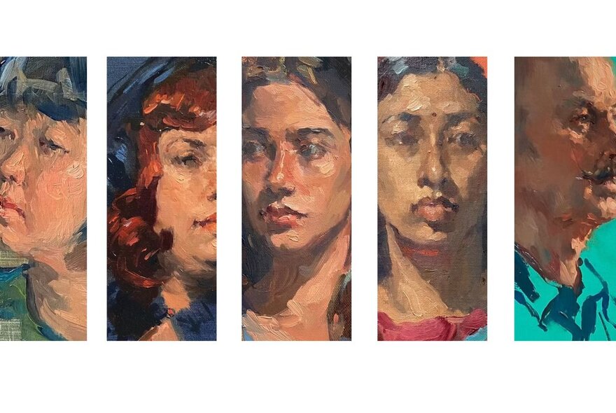 Five panels of portraits painted in oils.