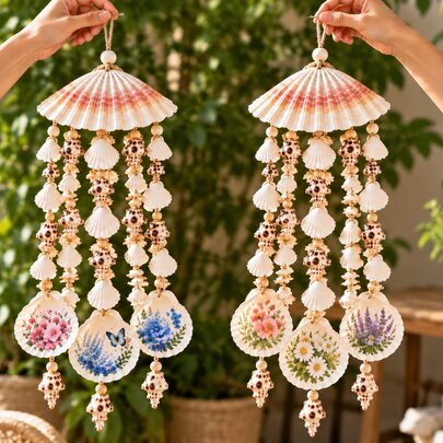 Hands holding up coastal seashell wind chimes featuring delicate floral painted designs on the bottom scallop shells.