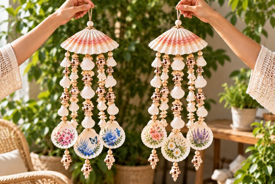 Hands holding up coastal seashell wind chimes featuring delicate floral painted designs on the bottom scallop shells.