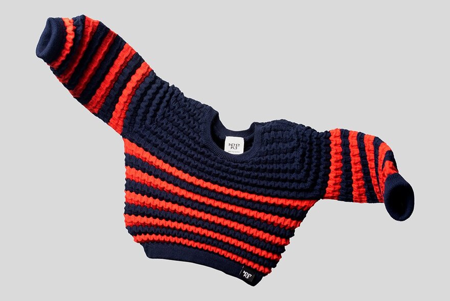 A knitted red and blue jumper.