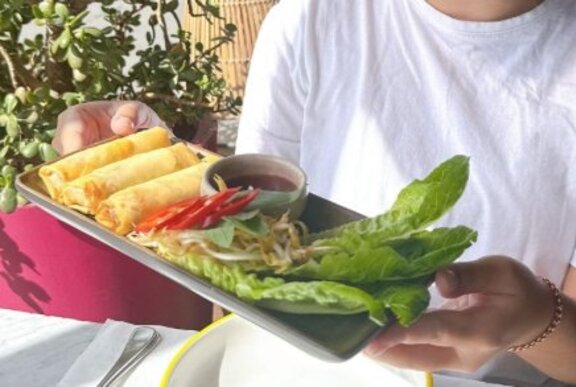 Person holding tray of spring rolls and garnish.