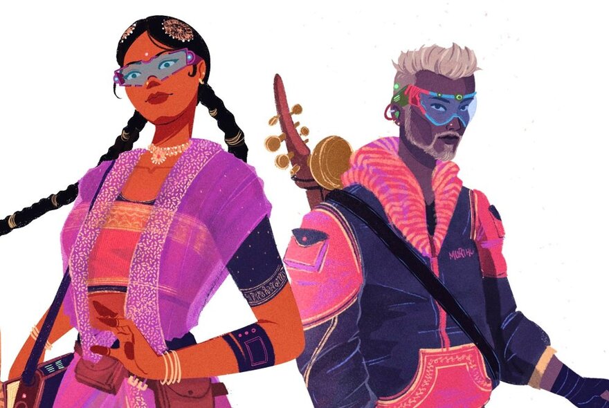 A cartoon depiction of an Indian woman wearing colourful traditional clothing and an Indian man wearing a futuristic outfit.