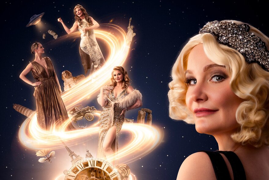 Blonde woman wearing a 1920s jewelled cloche cap with mystical figures to her left.