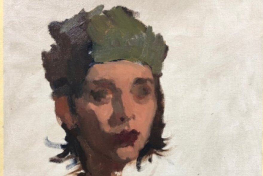 A painting of a head in a rough and loose brushstroke style.