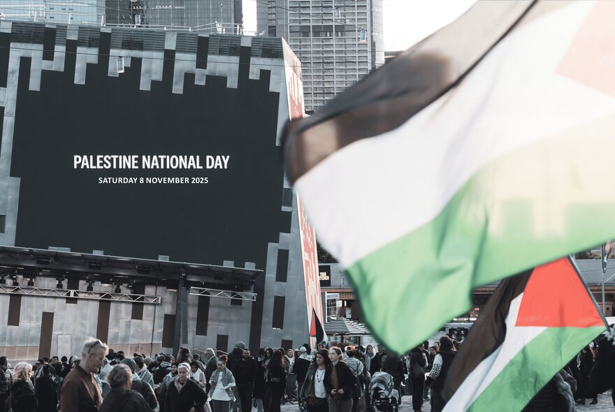 Palestinian flags waving at Fed Square.