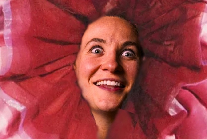 A performer wearing a ruffled pink headpiece that surrounds her face, smiling at the viewer.