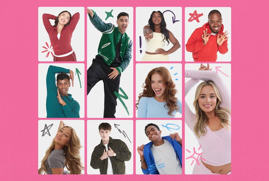 A grid of portraits of young hip hop dancers, on a pink background.