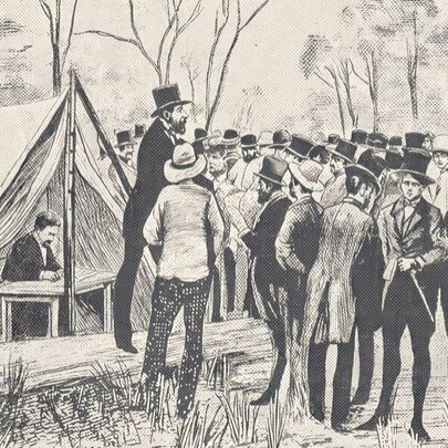 A black-and-white historical sketch of the first Melbourne land sale in 1837, showing a man in a top hat standing on a log to auction land to a gathered crowd outside a tent.