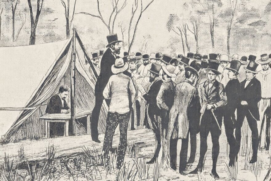 A black-and-white historical sketch of the first Melbourne land sale in 1837, showing a man in a top hat standing on a log to auction land to a gathered crowd outside a tent.
