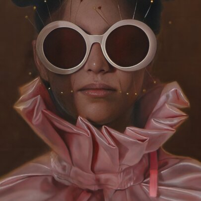 A painted portrait of a woman wearing large, round, pink-rimmed sunglasses and a pink silk cape with a high ruff collar.