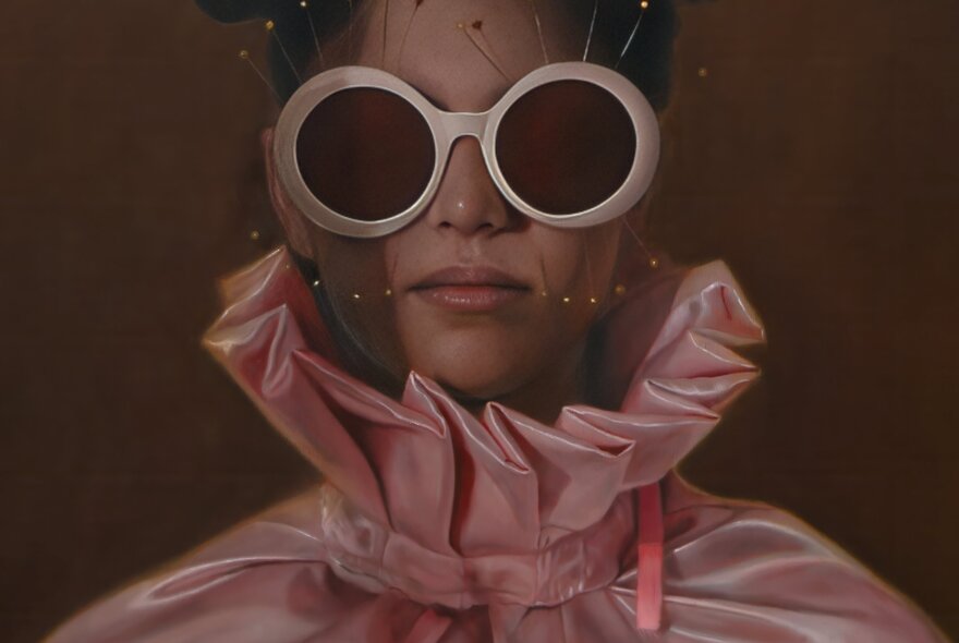 A painted portrait of a woman wearing large, round, pink-rimmed sunglasses and a pink silk cape with a high ruff collar.