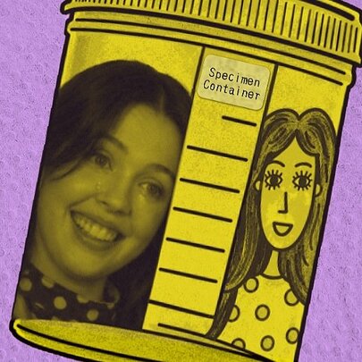 A yellow hand drawn specimen container with a smiling person's face on one side and a naïve drawing of a smiling person on the other side, set against a purple background.