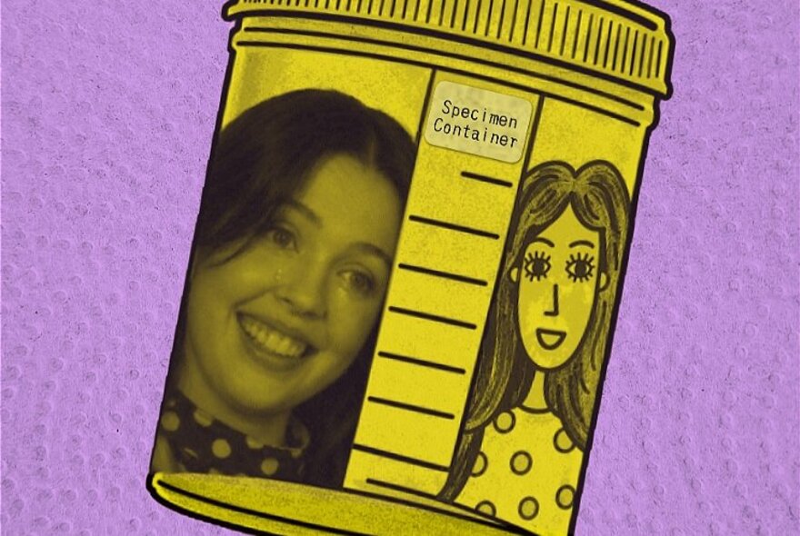 A yellow hand drawn specimen container with a smiling person's face on one side and a naïve drawing of a smiling person on the other side, set against a purple background.