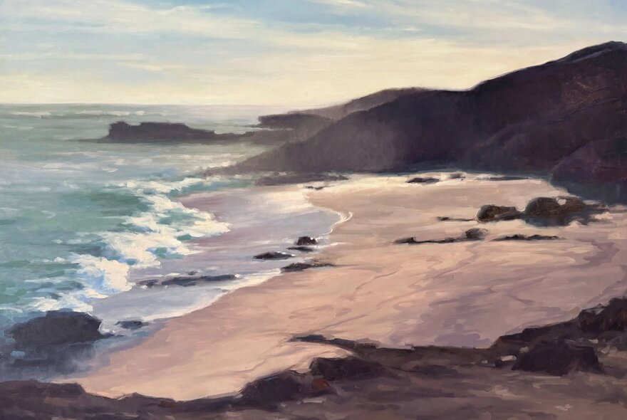 An oil painting of a rugged and secluded beach with rocky outcrops.