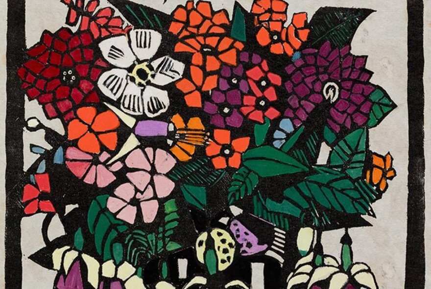 A lino print artwork depicting brightly coloured geometrically-shaped flowers and leaves.