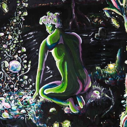 A painting on black showing the back of a green man, kneeling near a fantasy garden of illuminated plants and vines.