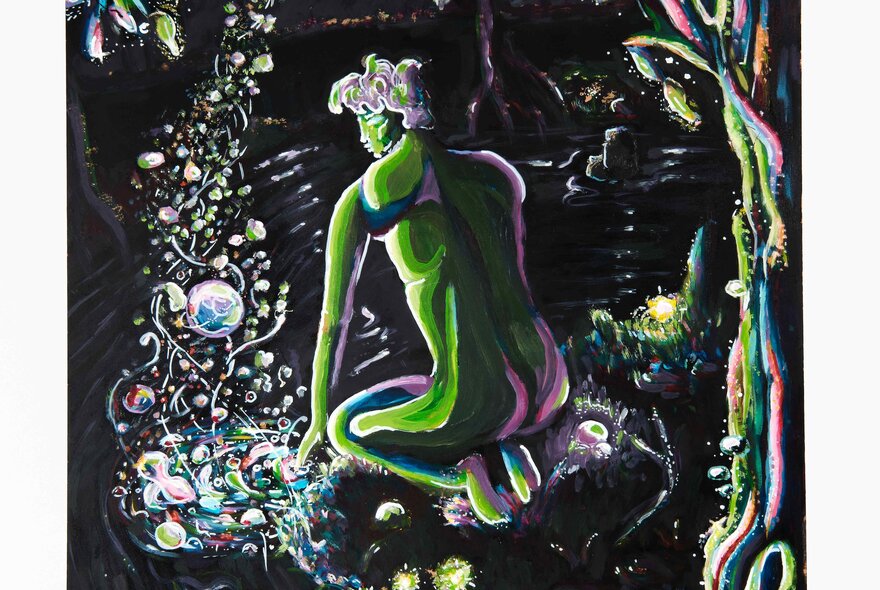 A painting on black showing the back of a green man, kneeling near a fantasy garden of illuminated plants and vines.