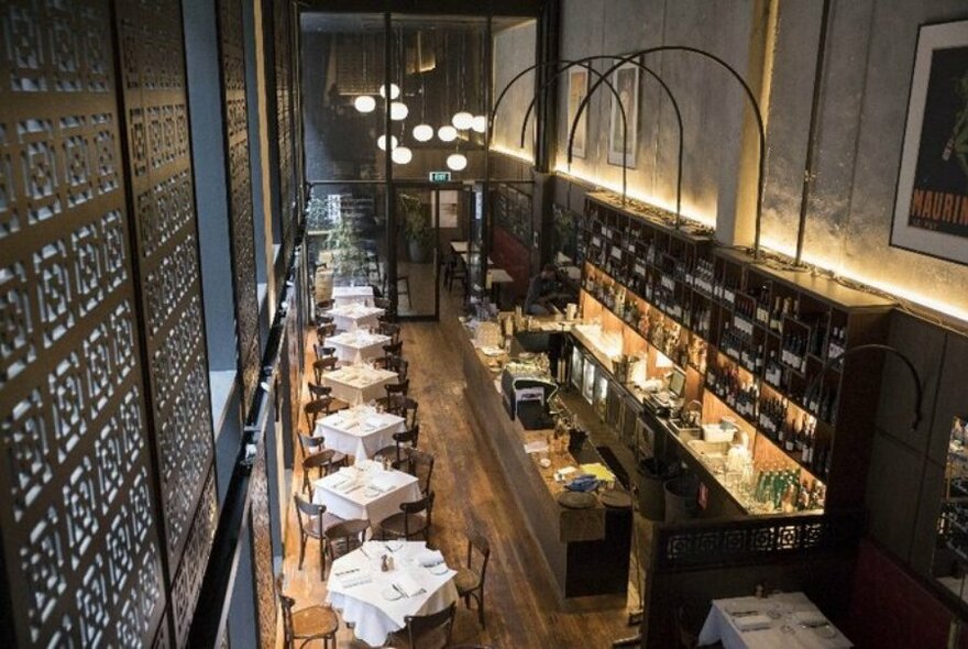 View of the restaurant interior from the mezzanine.