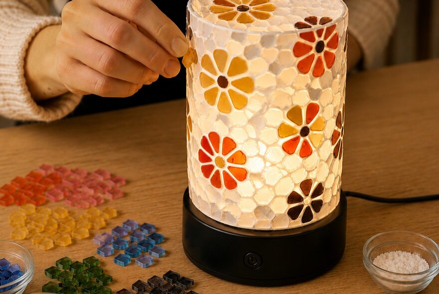A cylindrical mosaic glass table lamp featuring a colourful orange and yellow daisy pattern, being made at a craft workshop.