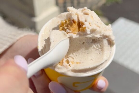 Hand holding spoon and cup of gelato.
