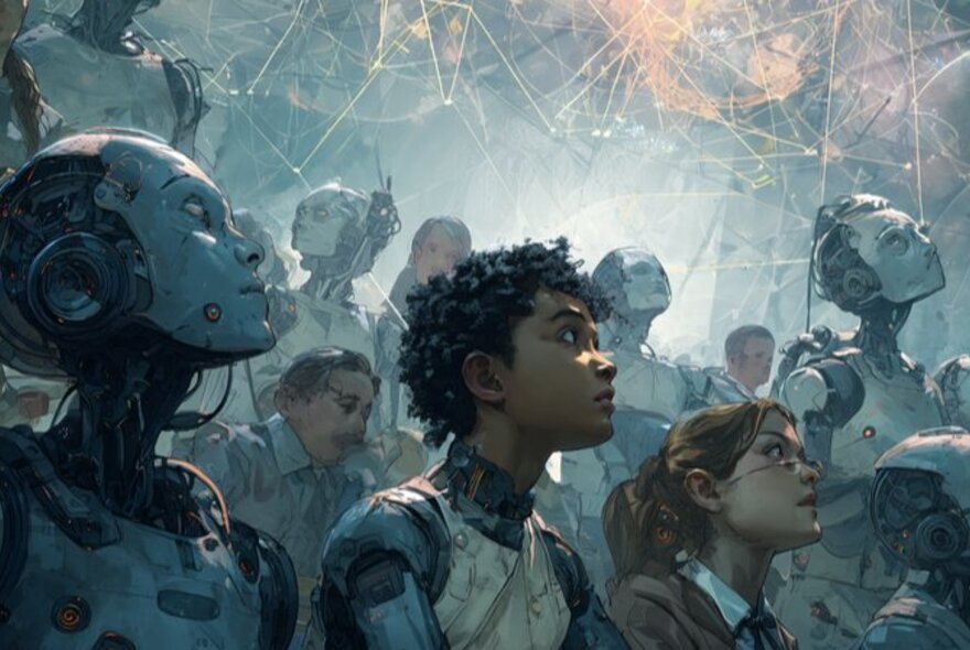 An anime style cartoon image of robots and people in a futuristic setting.