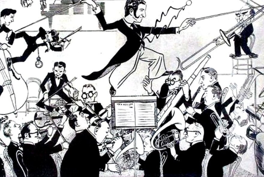 An old-fashioned black and white cartoon depicting an orchestra playing music, with the conductor standing on his music stand.