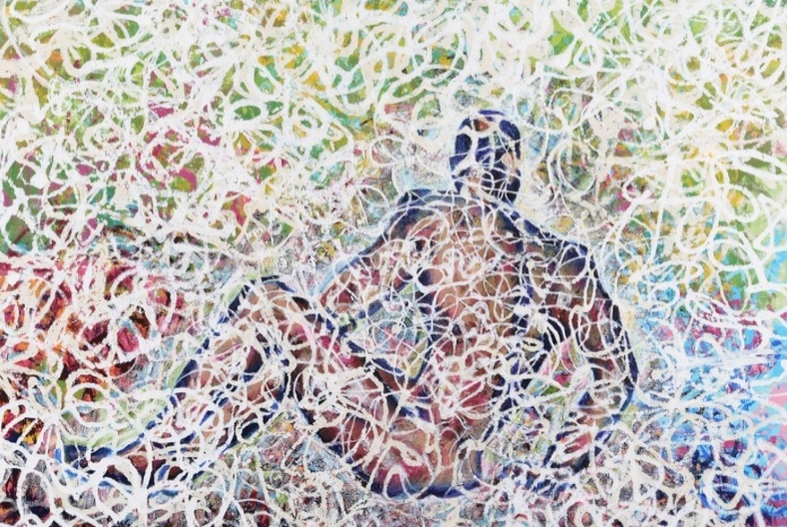 An abstract painting of swirls and colours, with a darker figure just visible beneath the curly and squiggly white lines.