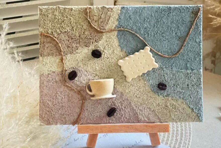 Artwork on canvas made from recycled coffee grounds and paper, resting on an easel.