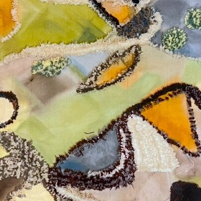 An abstract painting in green blue and orange tones with shapes bordered by black. 