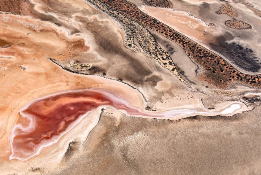 Aerial photo of sand dunes with colours and curves. 