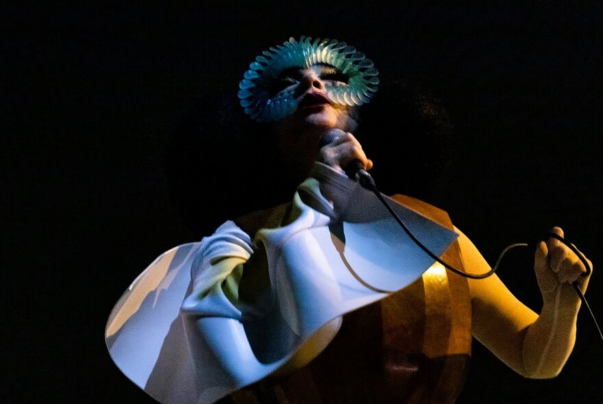 A still from a film showing Bjork performing during her world tour.