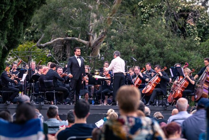 An orchestra playing live on an outdoor stage, with a man singing near the conductor, trees in the background and an audience in the foreground.