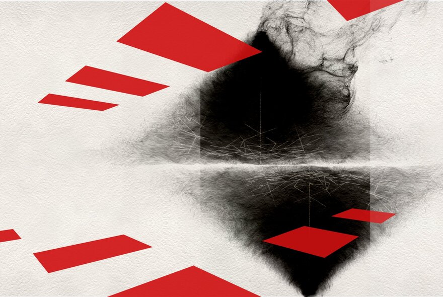 Abstract artwork with red stripes and black smudge effects.