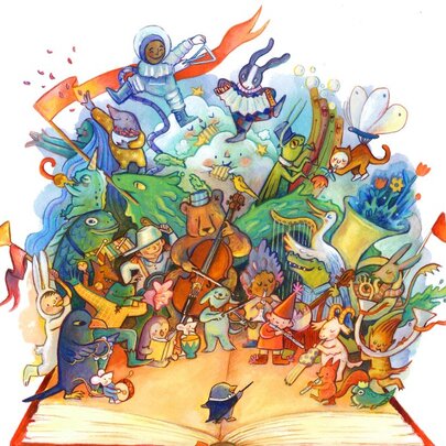 Colourful illustration features a variety of characters emerging from an open book to play instruments.