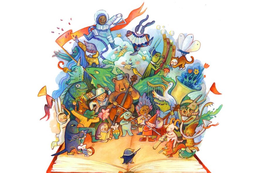 Colourful illustration features a variety of characters emerging from an open book to play instruments.