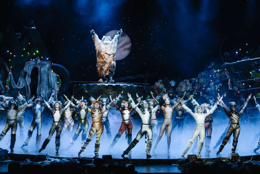 Performers in the musical, Cats, on stage together in cat costumes.