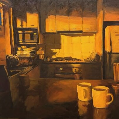 An oil painting of a homely kitchen in the early morning sunshine, with two mugs on the bench.