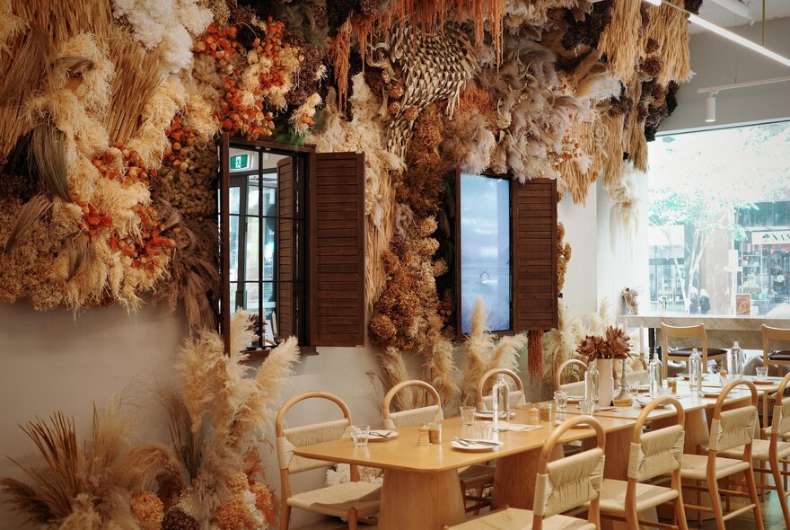 Light-filled interior of Soaz 22 cafe, with pale blonde wood tables and chairs, round hanging lighst and straw-coloured foliage hanging from the celling.