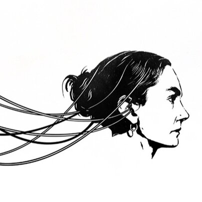 Drawing of a woman's head, leads attached to her hair.