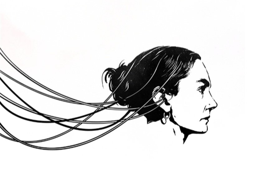Drawing of a woman's head, leads attached to her hair.