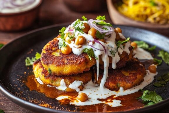 A silver platter with Indian street food snacks drizzled with a yoghurt dressing.