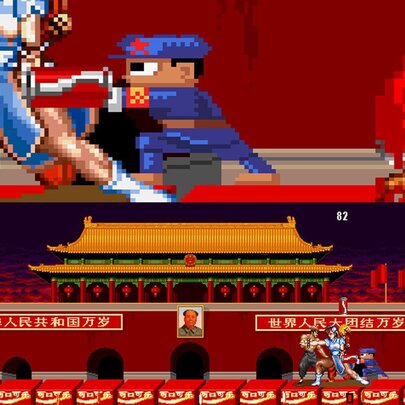 A still from a videogame depicting a Chinese soldier fighting two warriors in front of an ancient Chinese temple.