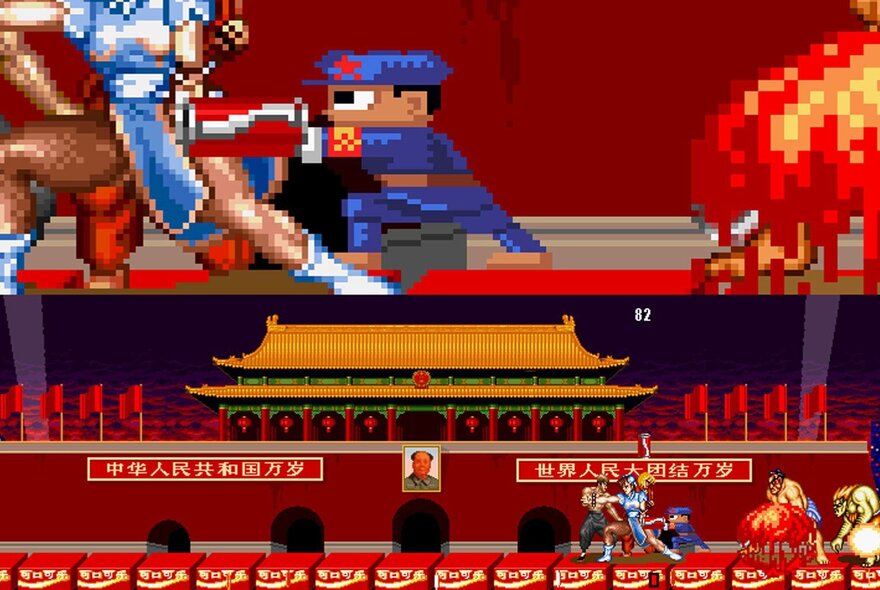 A still from a videogame depicting a Chinese soldier fighting two warriors in front of an ancient Chinese temple.