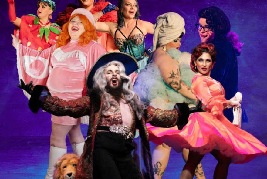 A cast of different characters in drag, burlesque and other assorted costumes, in varied poses against a purple background.