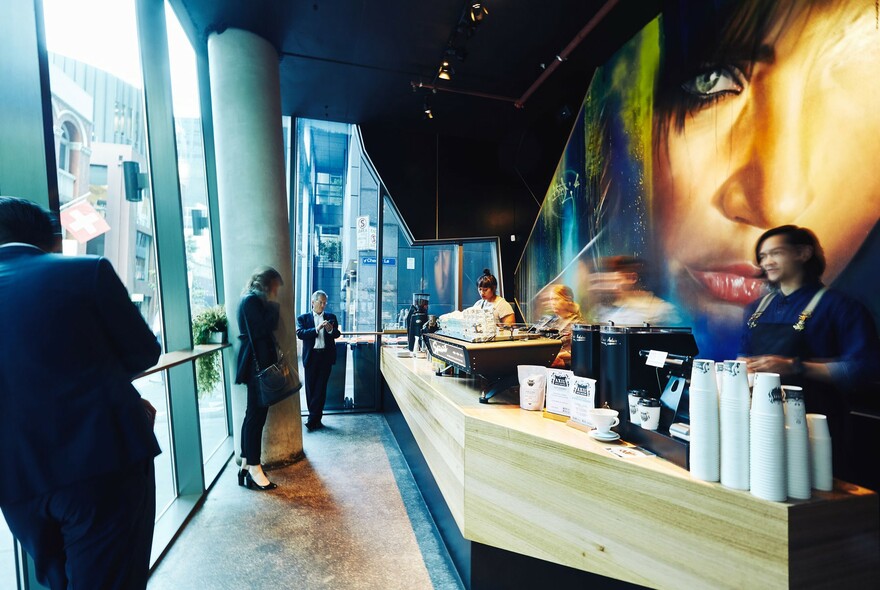 Counter serving coffee at Axil Coffee Roasters.