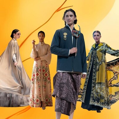 Four models in various poses wearing modest Indonesian fashion, images crudely photoshopped with a yellow background. 