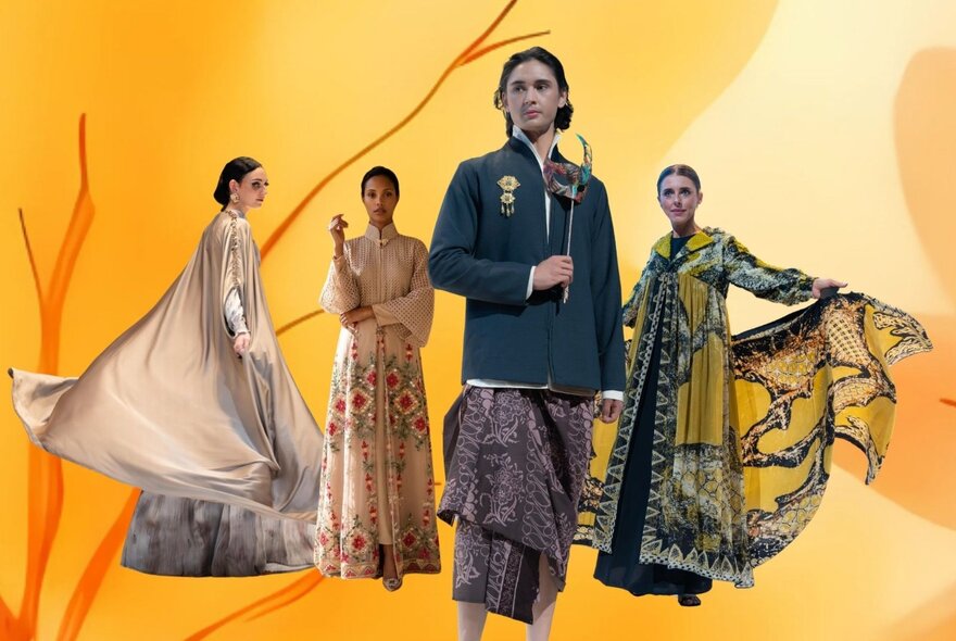 Four models in various poses wearing modest Indonesian fashion, images crudely photoshopped with a yellow background. 