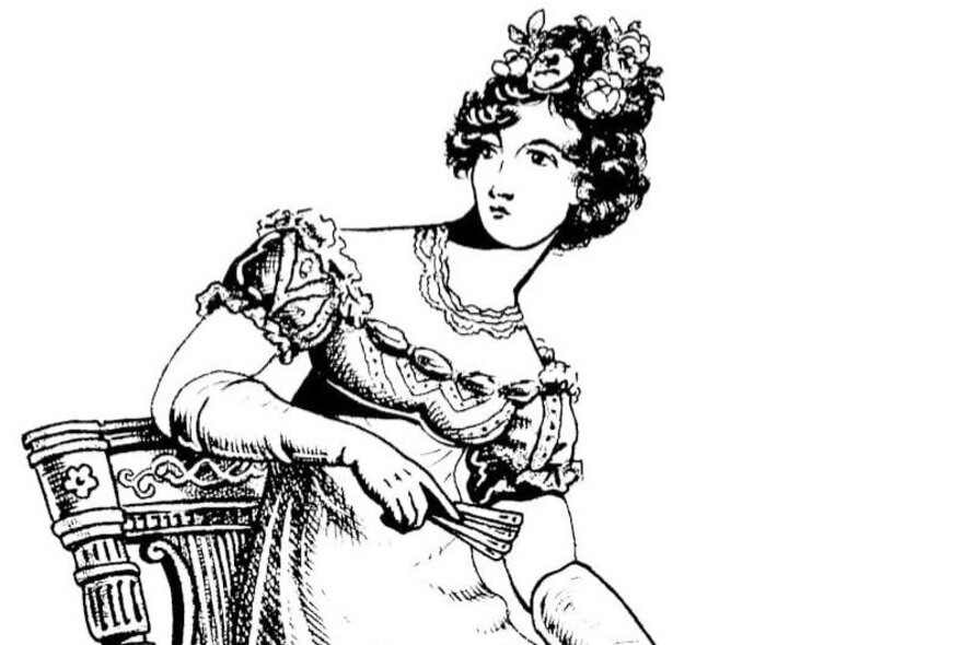 Pen and ink drawing of a woman wearing a Regency Empire gown, holding a fan and seated on a classically inspired chair.