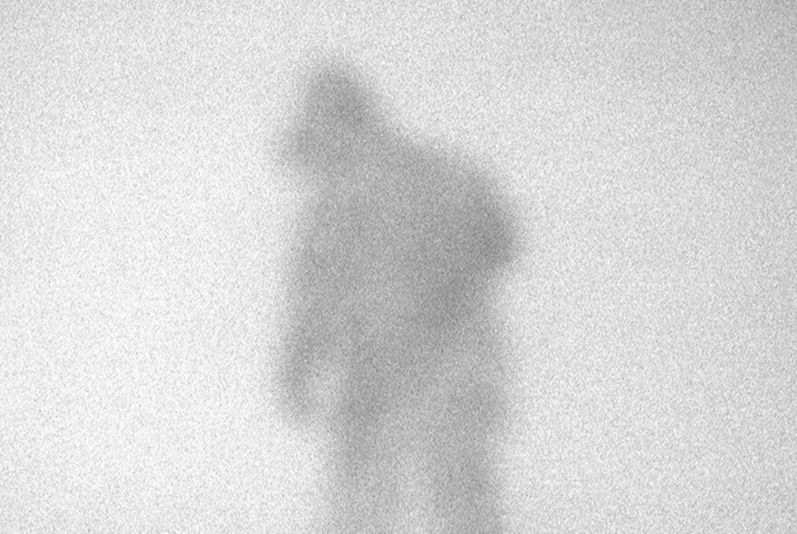Blurred image of a grey figure in a snowstorm.